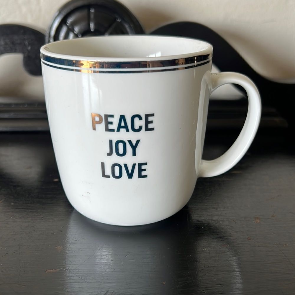 Williams Sonoma Gold “Peace Joy Love” Mug